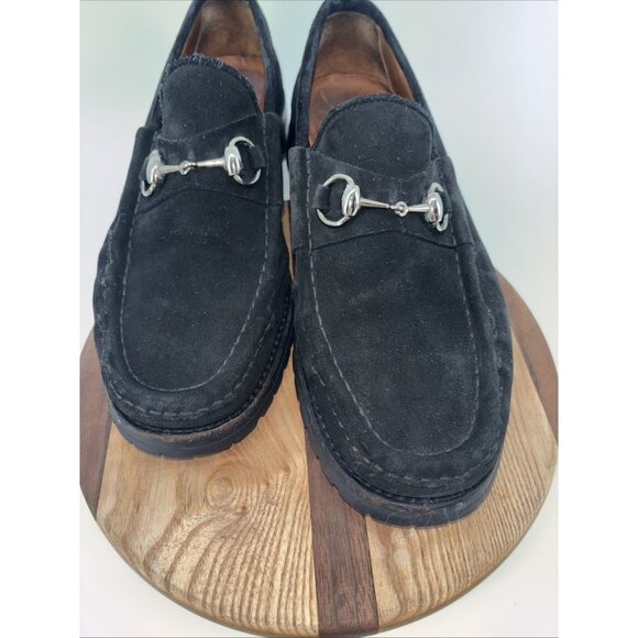 Gucci Men horsebit Loafers slipon US8 1/2D Black suede lug sole solid Gorgeous - Picture 13 of 16